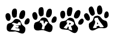 The image shows a series of animal paw prints arranged in a horizontal line. Each paw print contains a letter, and together they spell out the word Eyra.