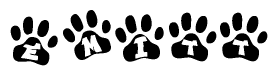 The image shows a series of animal paw prints arranged horizontally. Within each paw print, there's a letter; together they spell Emitt