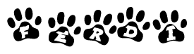 The image shows a series of animal paw prints arranged horizontally. Within each paw print, there's a letter; together they spell Ferdi