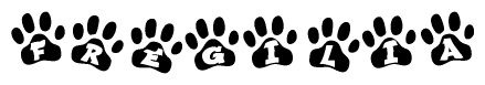 The image shows a row of animal paw prints, each containing a letter. The letters spell out the word Fregilia within the paw prints.