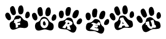The image shows a series of animal paw prints arranged in a horizontal line. Each paw print contains a letter, and together they spell out the word Foreau.