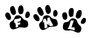 The image shows a series of animal paw prints arranged in a horizontal line. Each paw print contains a letter, and together they spell out the word Fml.