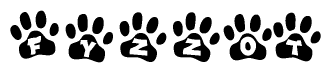 The image shows a series of animal paw prints arranged in a horizontal line. Each paw print contains a letter, and together they spell out the word Fyzzot.