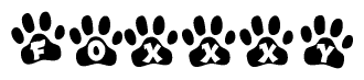 The image shows a series of animal paw prints arranged in a horizontal line. Each paw print contains a letter, and together they spell out the word Foxxxy.