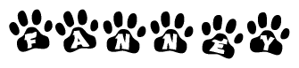 The image shows a series of animal paw prints arranged in a horizontal line. Each paw print contains a letter, and together they spell out the word Fanney.