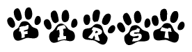The image shows a row of animal paw prints, each containing a letter. The letters spell out the word First within the paw prints.