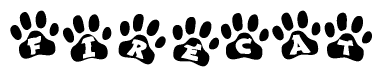 The image shows a row of animal paw prints, each containing a letter. The letters spell out the word Firecat within the paw prints.