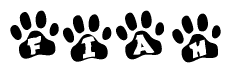 The image shows a series of animal paw prints arranged in a horizontal line. Each paw print contains a letter, and together they spell out the word Fiah.