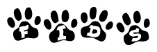 The image shows a row of animal paw prints, each containing a letter. The letters spell out the word Fids within the paw prints.