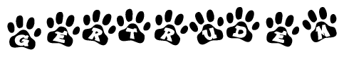 The image shows a series of animal paw prints arranged in a horizontal line. Each paw print contains a letter, and together they spell out the word Gertrudem.