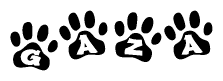 The image shows a row of animal paw prints, each containing a letter. The letters spell out the word Gaza within the paw prints.