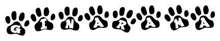 The image shows a row of animal paw prints, each containing a letter. The letters spell out the word Ginarama within the paw prints.