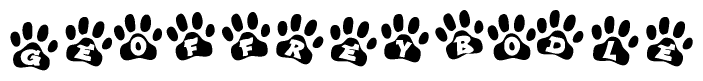 The image shows a series of animal paw prints arranged horizontally. Within each paw print, there's a letter; together they spell Geoffreybodle
