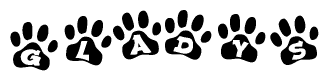 The image shows a series of animal paw prints arranged horizontally. Within each paw print, there's a letter; together they spell Gladys