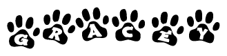 The image shows a row of animal paw prints, each containing a letter. The letters spell out the word Gracey within the paw prints.