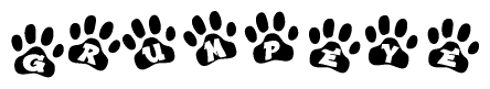The image shows a series of animal paw prints arranged in a horizontal line. Each paw print contains a letter, and together they spell out the word Grumpeye.
