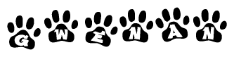 The image shows a series of animal paw prints arranged in a horizontal line. Each paw print contains a letter, and together they spell out the word Gwenan.