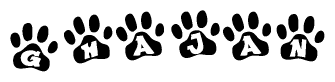 The image shows a series of animal paw prints arranged in a horizontal line. Each paw print contains a letter, and together they spell out the word Ghajan.