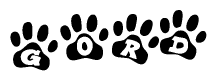 The image shows a row of animal paw prints, each containing a letter. The letters spell out the word Gord within the paw prints.