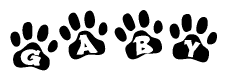The image shows a series of animal paw prints arranged horizontally. Within each paw print, there's a letter; together they spell Gaby