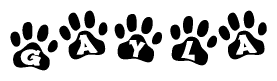 The image shows a series of animal paw prints arranged horizontally. Within each paw print, there's a letter; together they spell Gayla