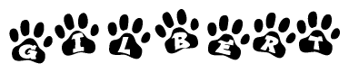 The image shows a series of animal paw prints arranged horizontally. Within each paw print, there's a letter; together they spell Gilbert