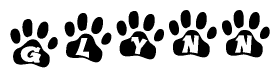 The image shows a row of animal paw prints, each containing a letter. The letters spell out the word Glynn within the paw prints.