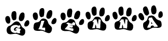 The image shows a series of animal paw prints arranged horizontally. Within each paw print, there's a letter; together they spell Glenna