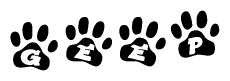 The image shows a series of animal paw prints arranged in a horizontal line. Each paw print contains a letter, and together they spell out the word Geep.