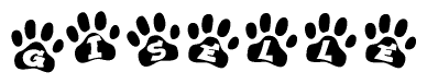 The image shows a series of animal paw prints arranged in a horizontal line. Each paw print contains a letter, and together they spell out the word Giselle.