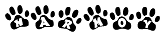 The image shows a series of animal paw prints arranged horizontally. Within each paw print, there's a letter; together they spell Harmoy