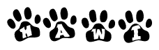 The image shows a series of animal paw prints arranged in a horizontal line. Each paw print contains a letter, and together they spell out the word Hawi.