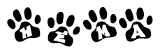 The image shows a row of animal paw prints, each containing a letter. The letters spell out the word Hema within the paw prints.