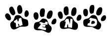 The image shows a row of animal paw prints, each containing a letter. The letters spell out the word Hend within the paw prints.