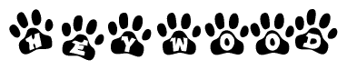 The image shows a series of animal paw prints arranged in a horizontal line. Each paw print contains a letter, and together they spell out the word Heywood.