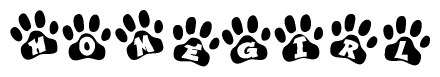 The image shows a series of animal paw prints arranged horizontally. Within each paw print, there's a letter; together they spell Homegirl