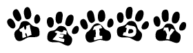 The image shows a series of animal paw prints arranged in a horizontal line. Each paw print contains a letter, and together they spell out the word Heidy.