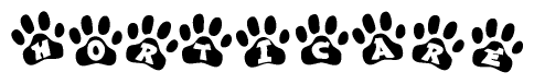 The image shows a series of animal paw prints arranged horizontally. Within each paw print, there's a letter; together they spell Horticare