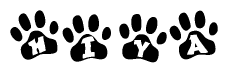 The image shows a series of animal paw prints arranged horizontally. Within each paw print, there's a letter; together they spell Hiya