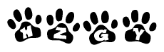 The image shows a row of animal paw prints, each containing a letter. The letters spell out the word Hzgy within the paw prints.