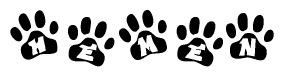 The image shows a row of animal paw prints, each containing a letter. The letters spell out the word Hemen within the paw prints.