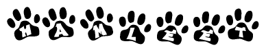 The image shows a series of animal paw prints arranged in a horizontal line. Each paw print contains a letter, and together they spell out the word Hamleet.