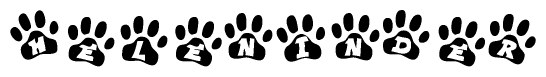 The image shows a row of animal paw prints, each containing a letter. The letters spell out the word Heleninder within the paw prints.