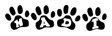 The image shows a row of animal paw prints, each containing a letter. The letters spell out the word Hadi within the paw prints.