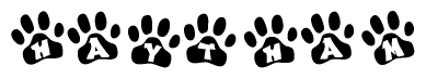 The image shows a row of animal paw prints, each containing a letter. The letters spell out the word Haytham within the paw prints.