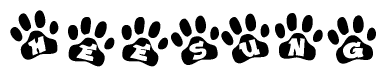 The image shows a series of animal paw prints arranged in a horizontal line. Each paw print contains a letter, and together they spell out the word Heesung.