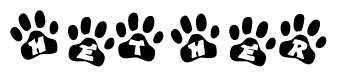 The image shows a row of animal paw prints, each containing a letter. The letters spell out the word Hether within the paw prints.