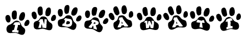 The image shows a series of animal paw prints arranged in a horizontal line. Each paw print contains a letter, and together they spell out the word Indrawati.