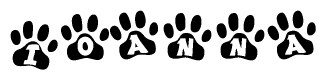 The image shows a series of animal paw prints arranged in a horizontal line. Each paw print contains a letter, and together they spell out the word Ioanna.
