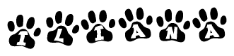 The image shows a series of animal paw prints arranged in a horizontal line. Each paw print contains a letter, and together they spell out the word Iliana.